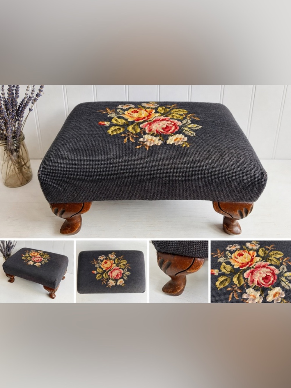 Vintage Handmade Wood Footstool Floral Needlepoint
